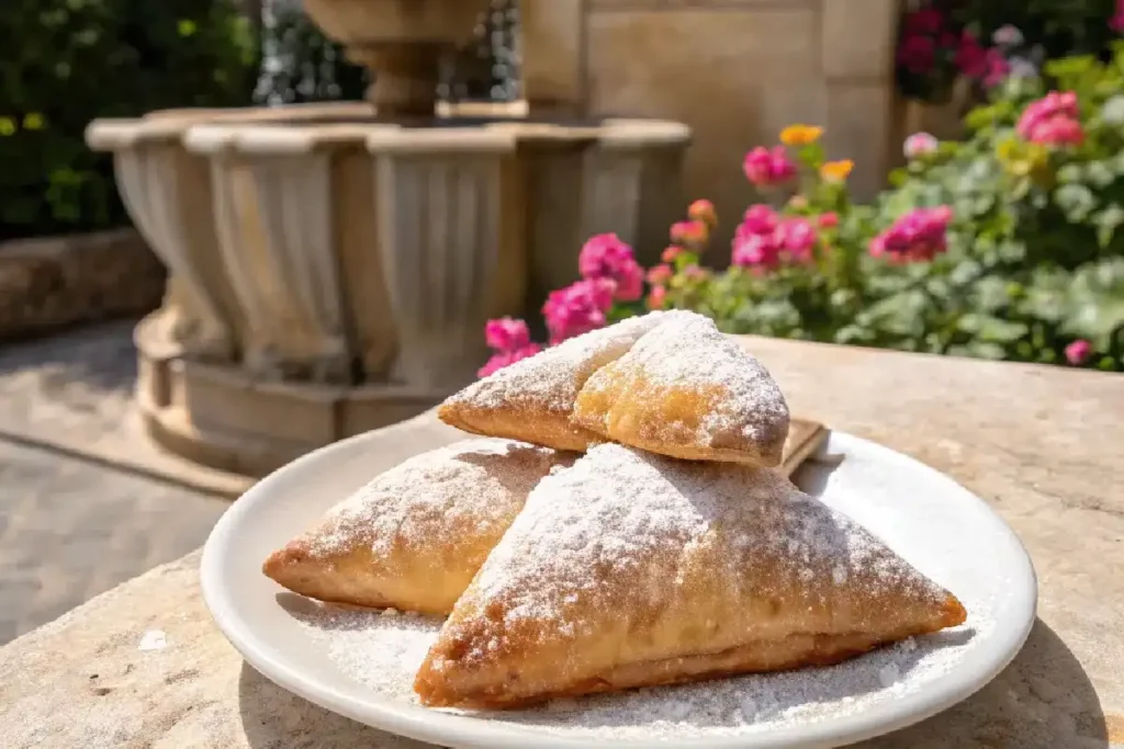 Powdered Kalitsounia Greek cheese pastry on plate
