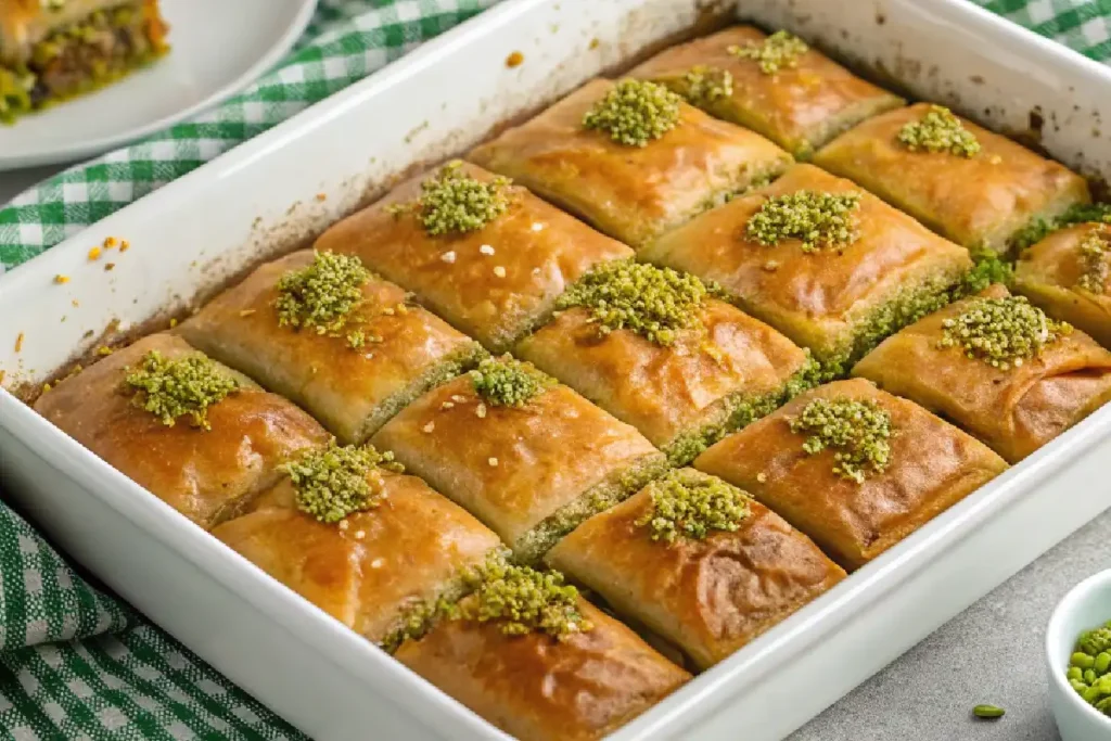 Greek baklava in white tray topped with crushed pistachios