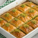 Greek baklava in white tray topped with crushed pistachios