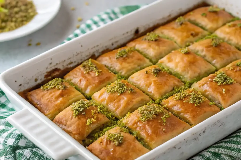 How to Make Crispy Greek Baklava at Home 2 Greek baklava in white tray topped with crushed pistachios