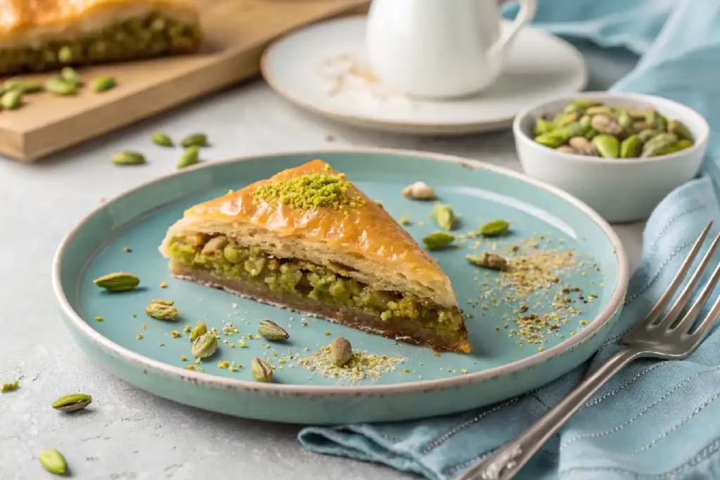 Greek dessert ingredients in pistachio baklava with sea salt and syrup