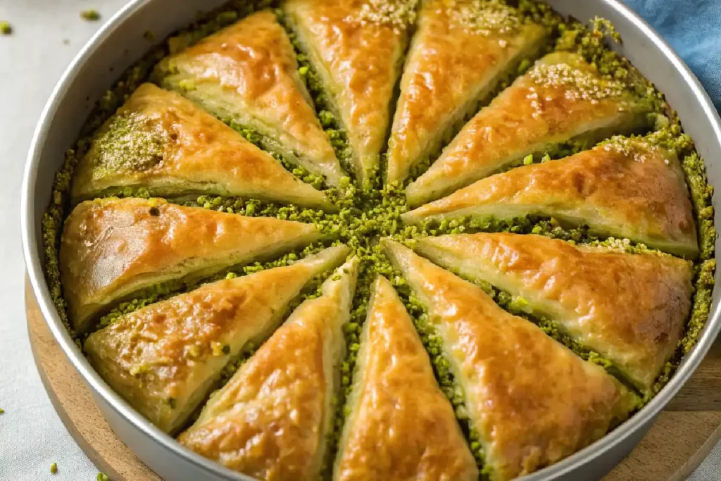 Traditional Greek baklava topped with pistachios