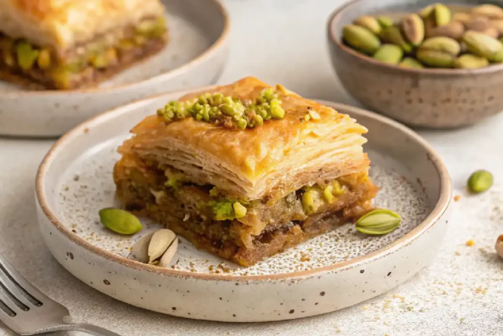 How to Make Crispy Greek Baklava at Home 5 Plated pieces of Greek baklava with pistachios