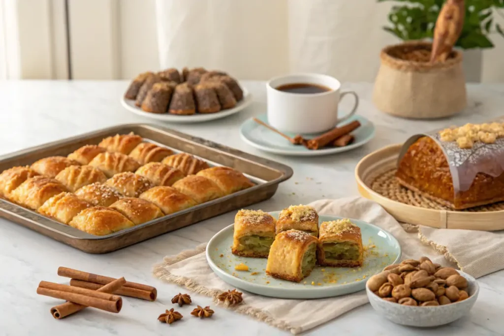 A lifestyle table spread of traditional Greek desserts including baklava, loukoumades, kourabiedes, galaktoboureko, and tsoureki in a sunlit Greek kitchen.