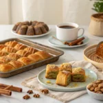 A lifestyle table spread of traditional Greek desserts including baklava, loukoumades, kourabiedes, galaktoboureko, and tsoureki in a sunlit Greek kitchen.