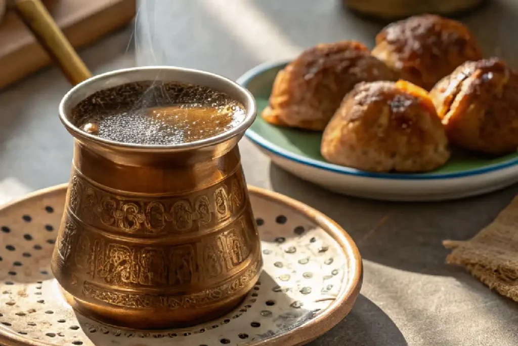 Fall in Love with These Greek Dessert & Drink Pairings 1 Greek coffee paired with baklava and loukoumades