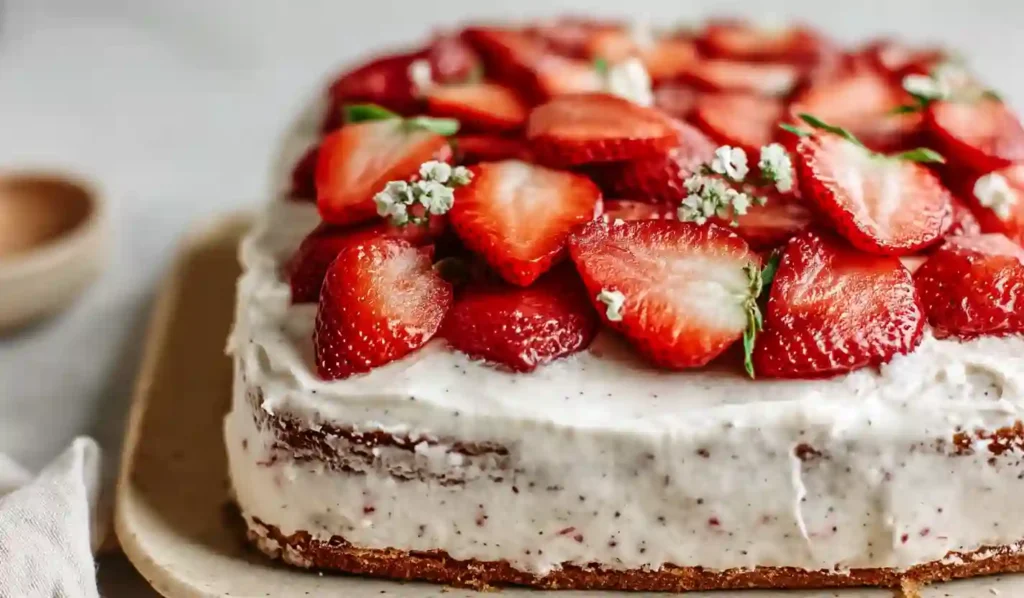 Greek-style strawberry cream dessert topped with sliced strawberries on a layered cake with creamy frosting