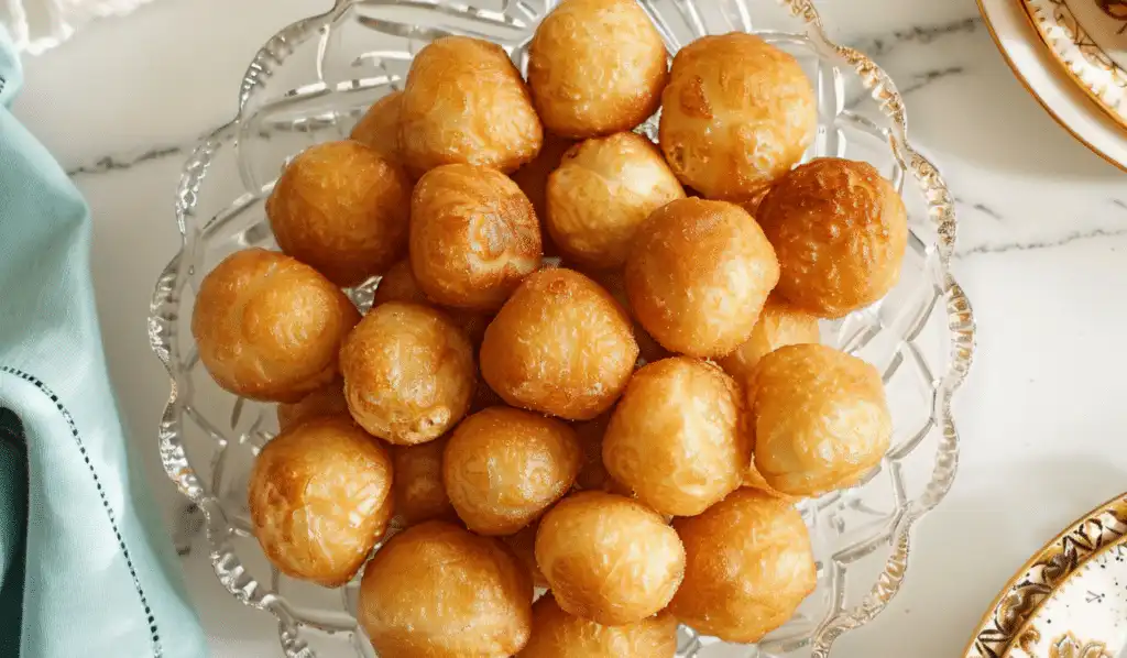 Greek loukoumades fried dough balls served on a decorative glass plate