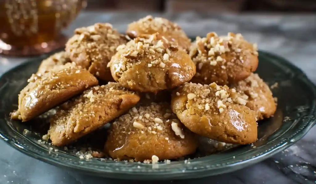 Greek melomakarona cookies coated with honey syrup and crushed walnuts