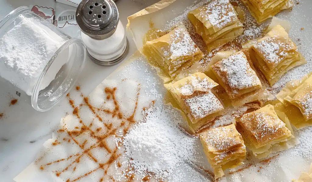 Greek bougatsa pastry squares dusted with powdered sugar on parchment paper