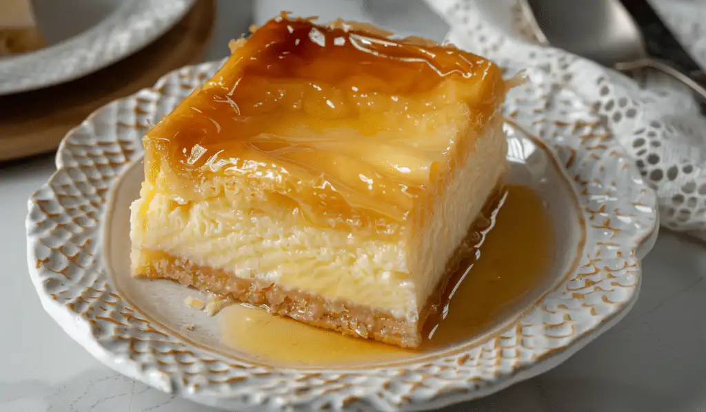 Pouring syrup over hot galaktoboureko pastry