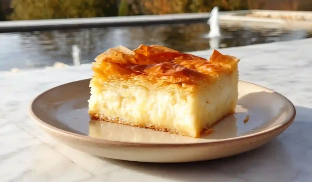 Greek galaktoboureko custard pie slice with golden phyllo layers