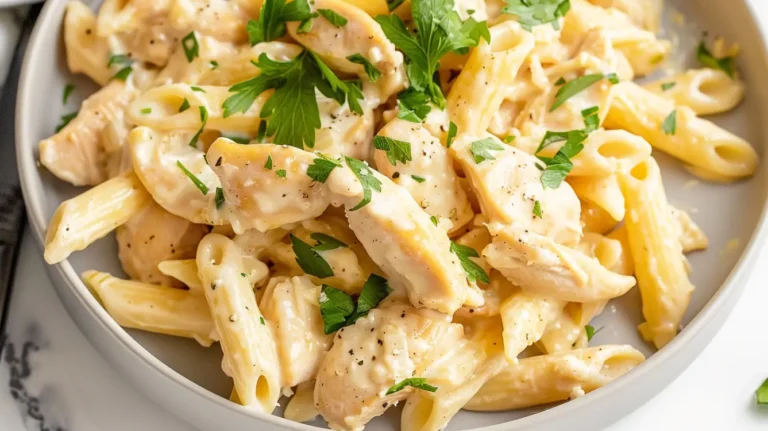 Creamy garlic chicken pasta with penne and parsley on a plate